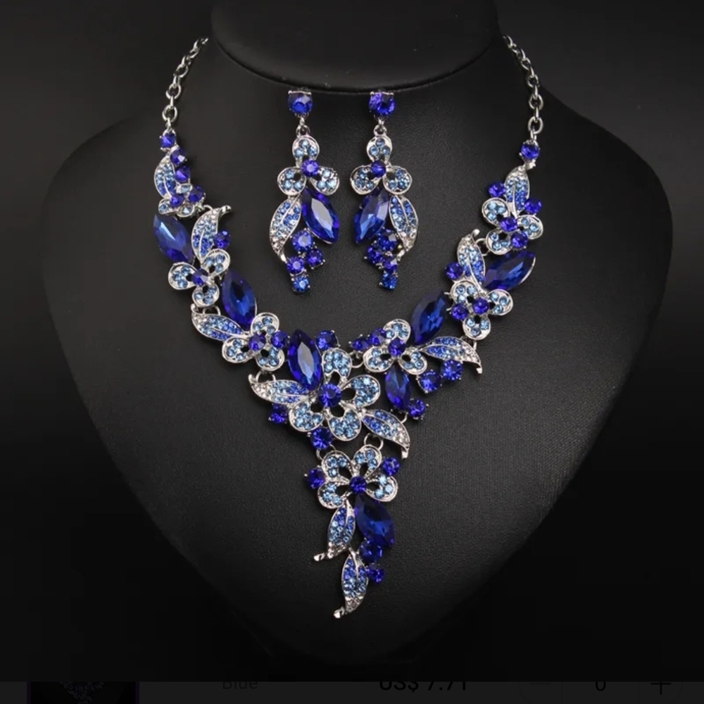 Earrings & Necklace Set Sapphire Blue Rhinestone Floral - Picture 5 of 13